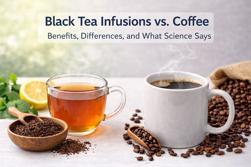 Two cups on clear with tea the other white with coffee.