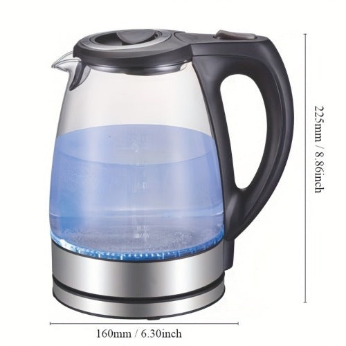 Glass electric kettle with blue light indicator and dimensions on a white background