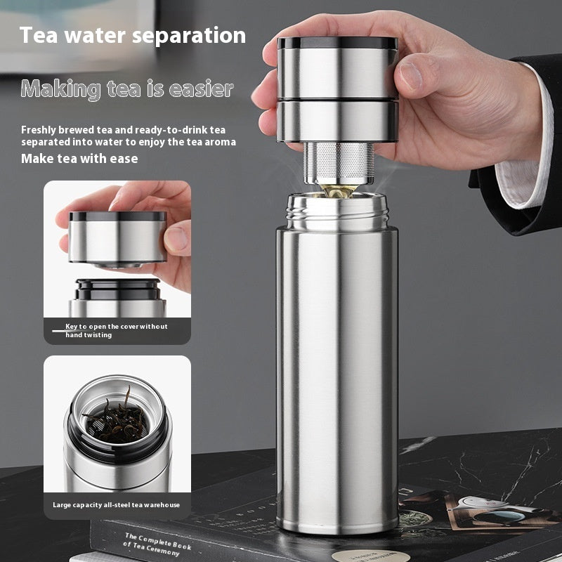 Silver tea-separated water bottle held by a hand with text on a gray background