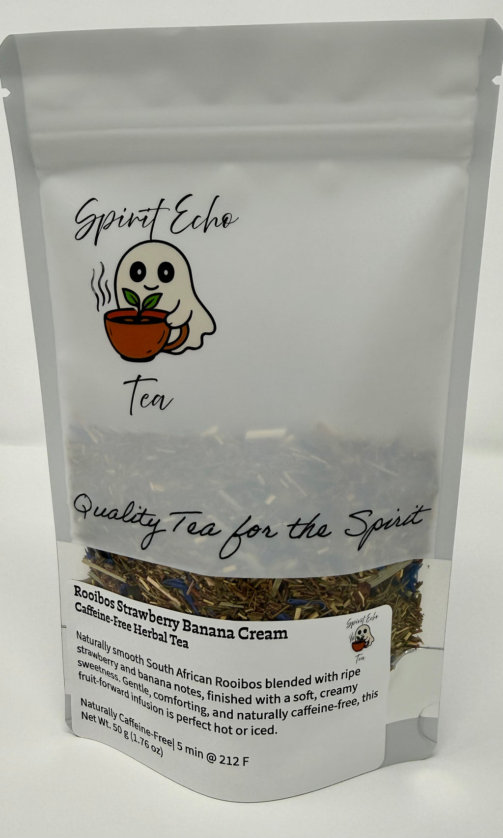 Tea package labeled 'Spirit Echo Tea' on a white background