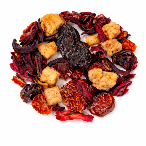 Assorted dried fruits and spices arranged in a circular pattern on a white background