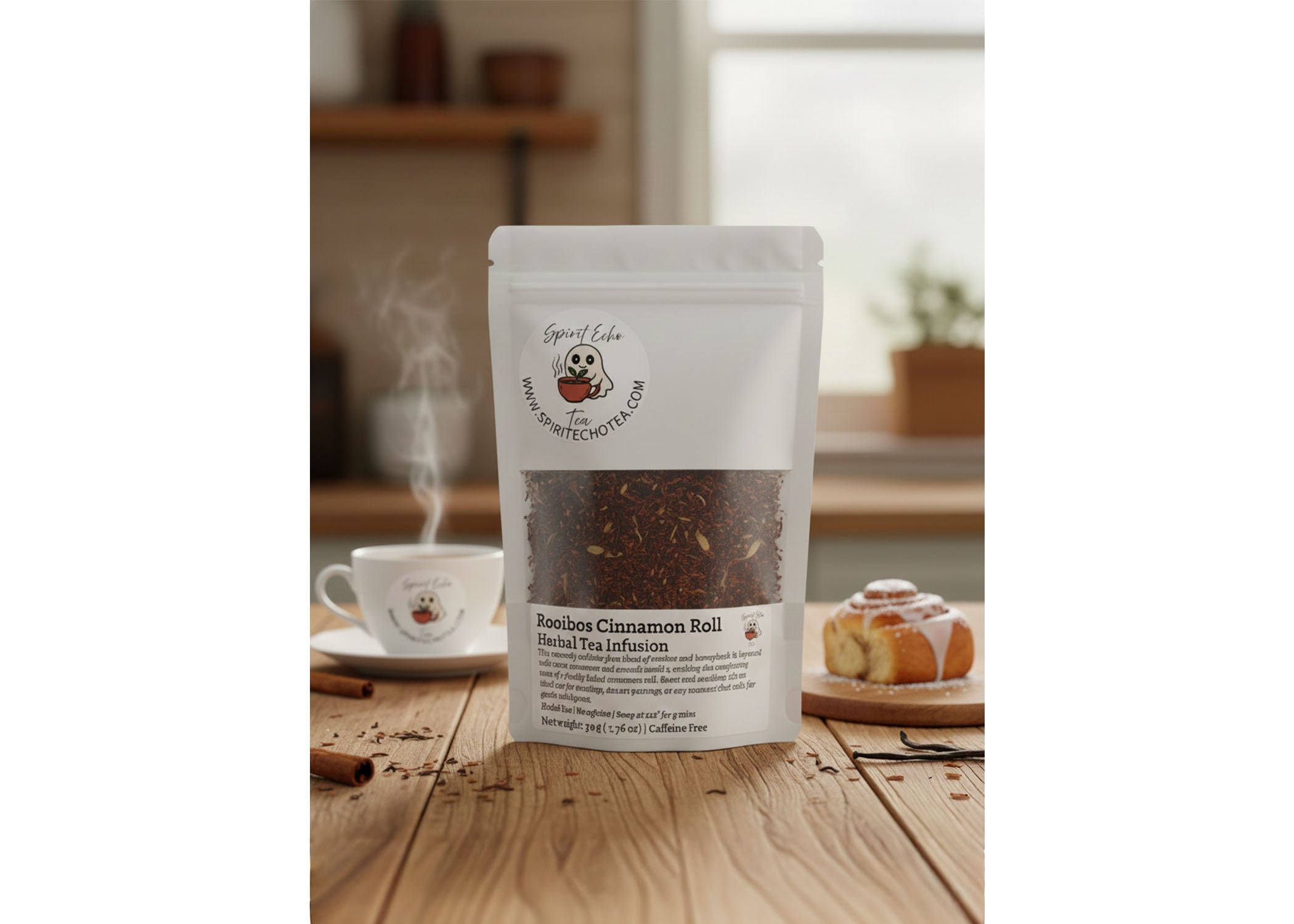 Tea package labeled 'Rooibos Cinnamon Roll' on a wooden table with a cup of tea and cinnamon roll in the background.