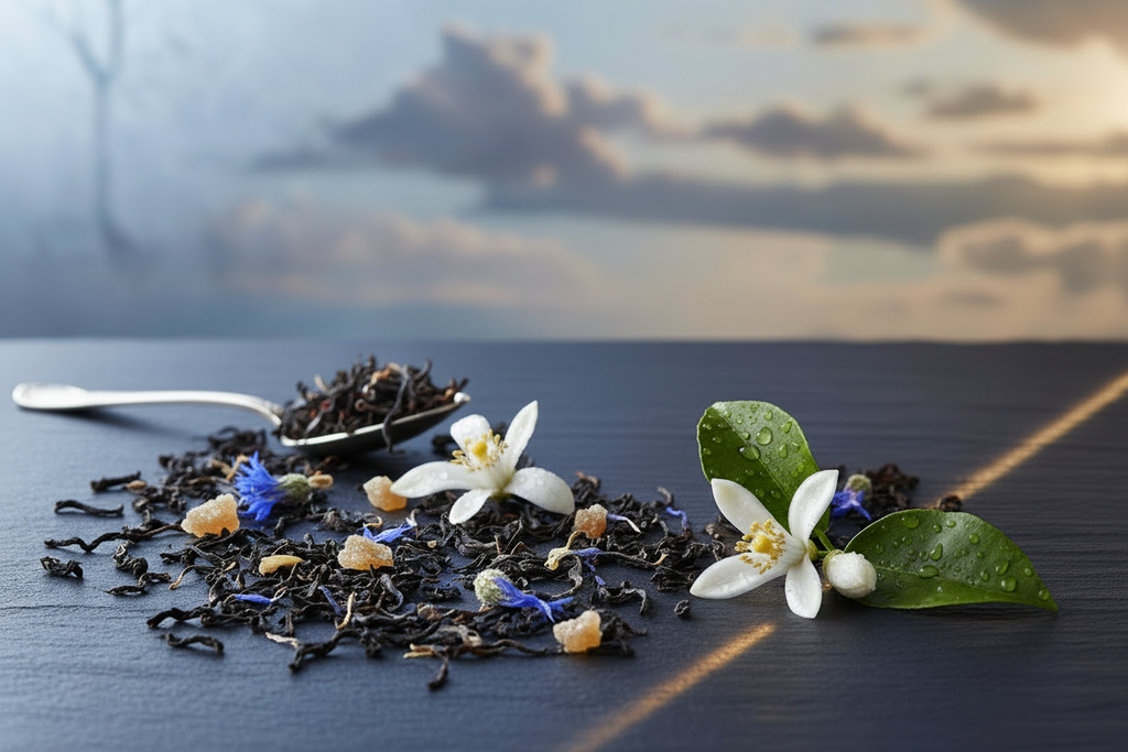Tea leaves and flowers on a dark surface with a blurred natural background