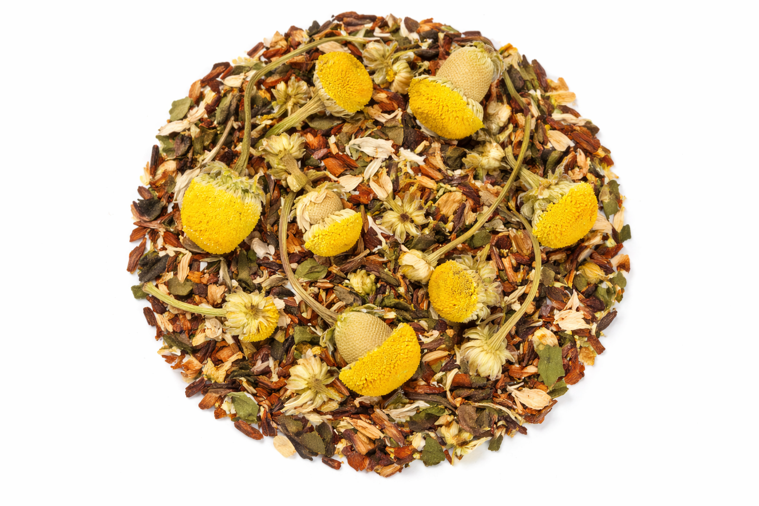Tea blend with yellow flowers and green leaves on a white background