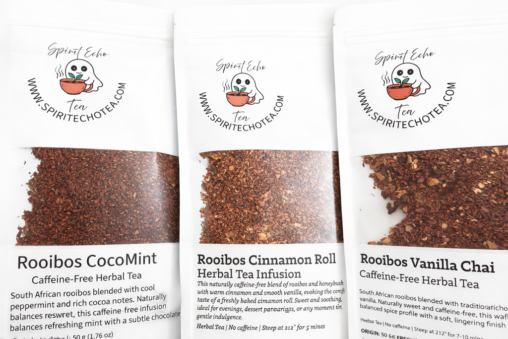 Three packages of Spirit Echo Tea with visible tea samples and branding.